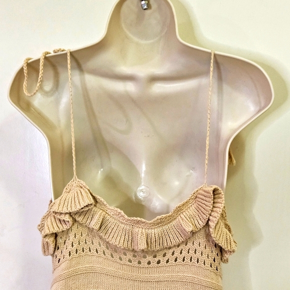 Papermoon Beige Knit V-Neckline Sleeveless Ruffle Boho Mini Dress,Medium - Picture 14 of 16